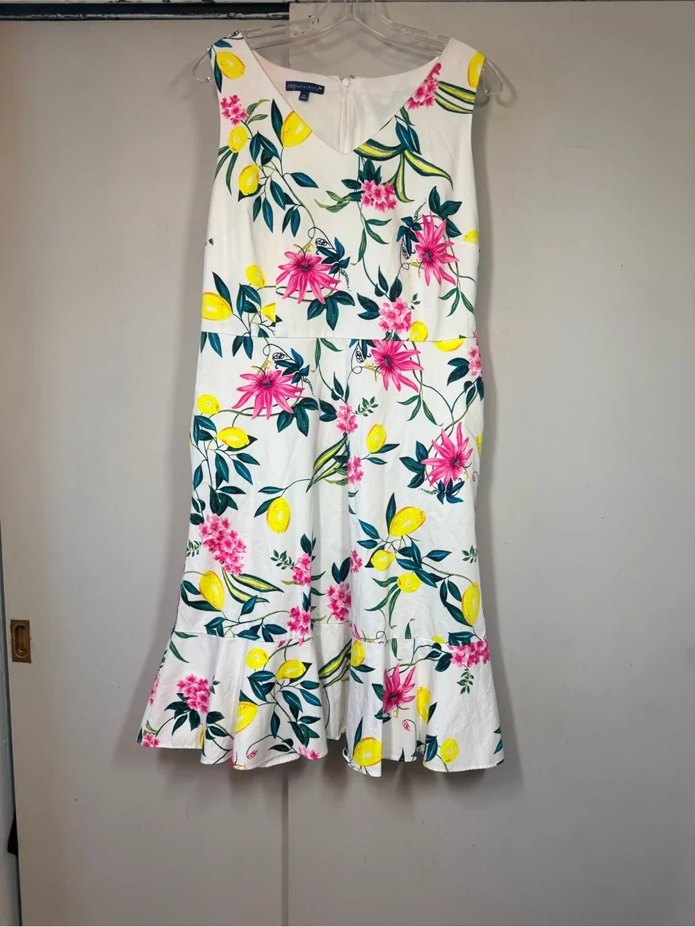 Talbots White Yellow Lemon Pink Floral Print Fit & Flare Dress Flowers size 12p
